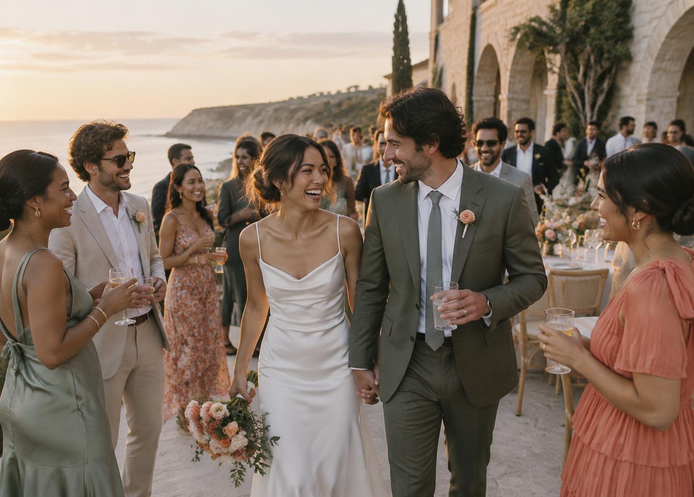 Newlyweds celebrating with friends at sunset